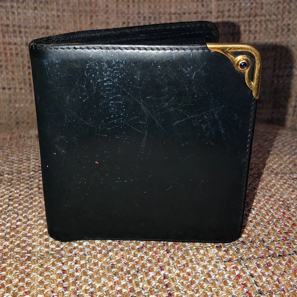 CARTIER Black Leather Sapphire Gold Bifold Wallet Coin Pocket Made In France